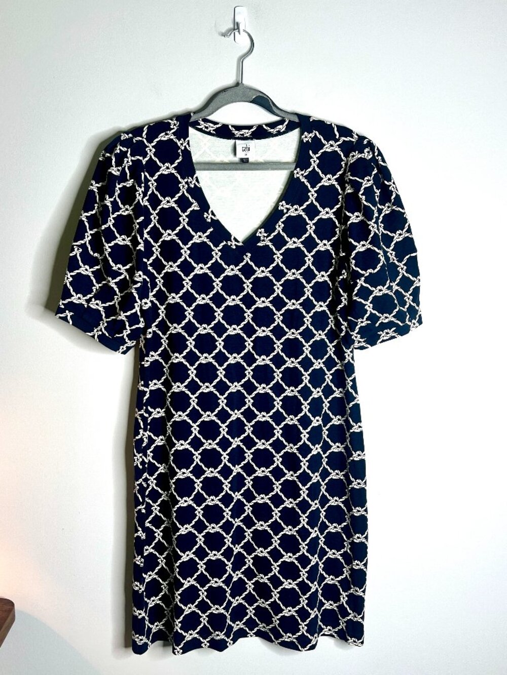 CAbi Style #6219 Cruise Shift Dress Nautical Rope Print Puff Sleeve Beach Sz M